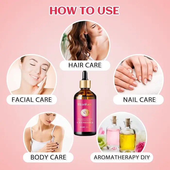 Huile de rose pour le visage à l'extrait de ginseng rouge, sérum facial anti-âge, éclaircit l'hydrat, optimiste et révèle une peau radieuse, 100ml