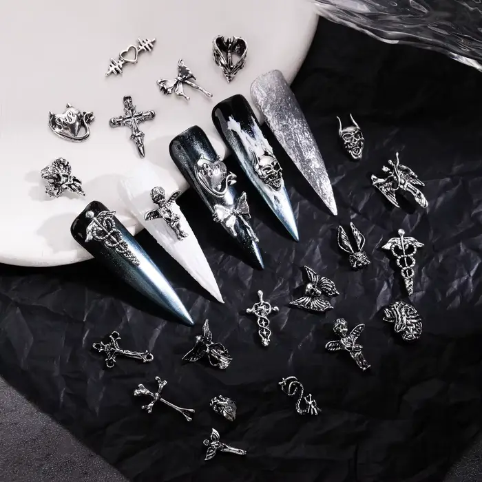 Mélange de styles pour Nail Art d'halloween, breloque croix argentée rétro 3D, décoration d'ongles p