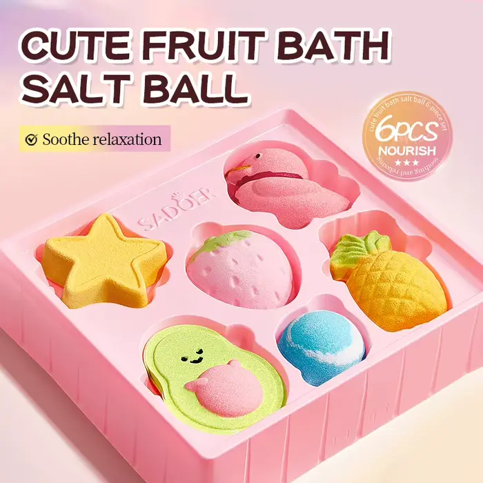 Ensemble de 6 boules de sel de bain aux fruits mignons pour le nettoyage du corps, boules de sel de bain à l'acide citrique qui vous aident à soulager la fatigue de la journée, terre volcanique, pour 