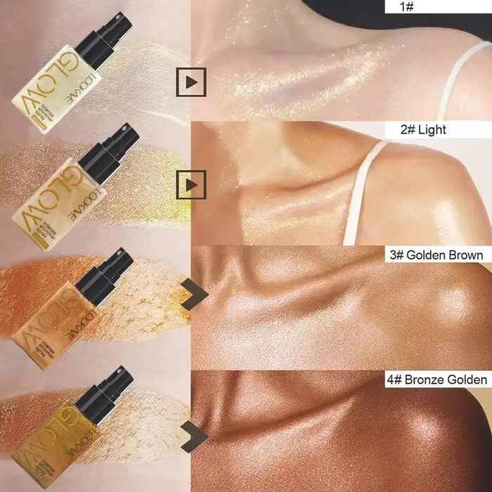 Spray Huile Scintillante Waterproof Longue Durée Hydratant Effet Or Bronze Illuminateur pour Visage et Corps – Liquide