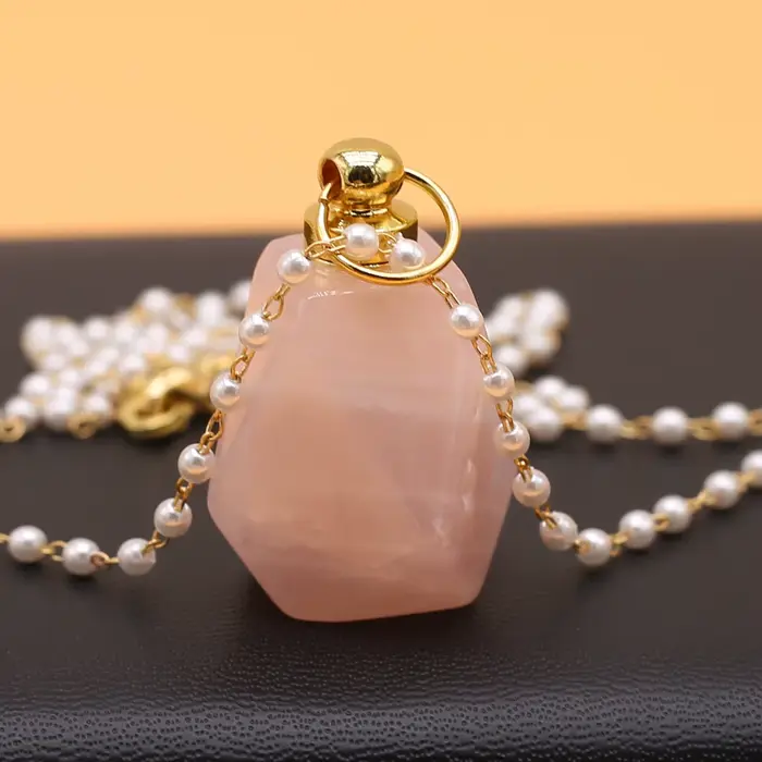 Bouteille de parfum collier pierre naturelle Quartz Rose bouteille de parfum pendentif à facettes po