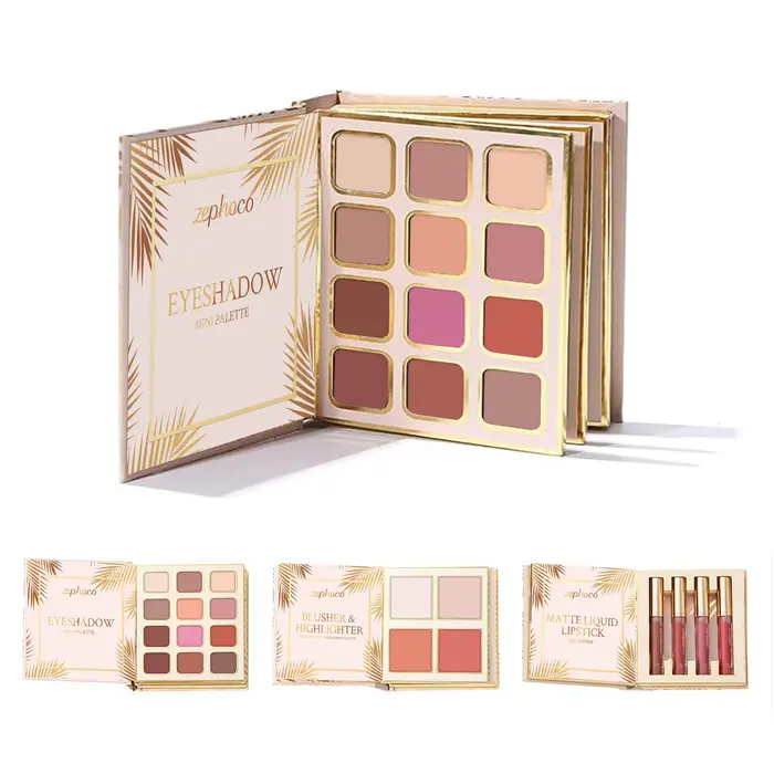 Palette de maquillage professionnelle en format livre, rouge à lèvres waterproof 24h, poudre blush, 