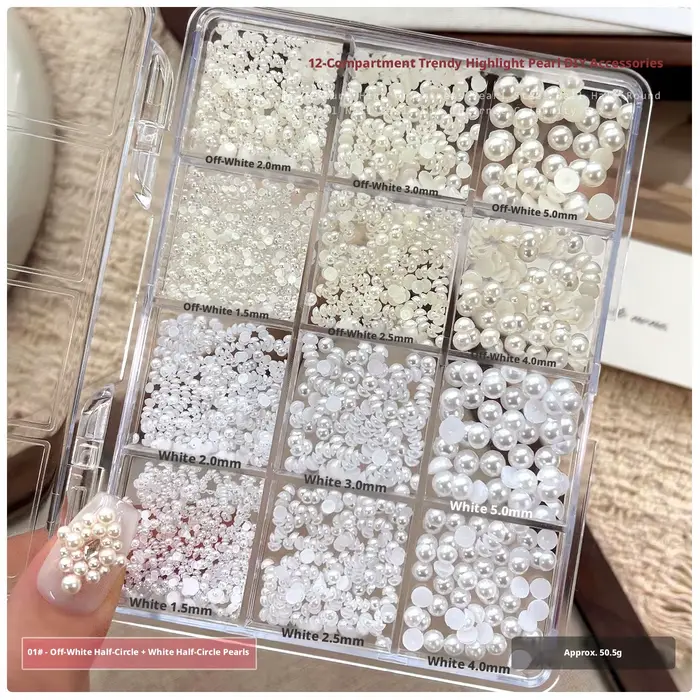 12 grilles de décorations pour ongles avec gouttes d'eau, perles semi-circulaires ou circulaires mél