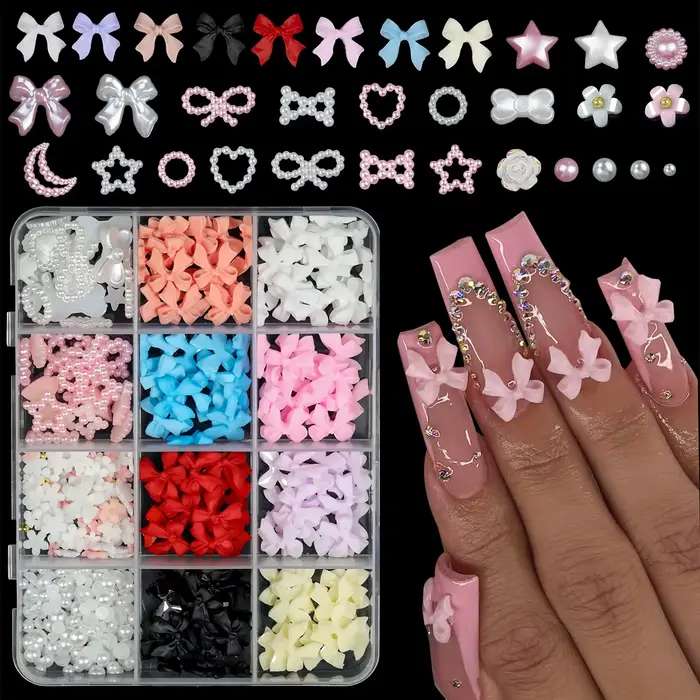 Boîte de 12/15 compartiments de décorations pour ongles en résine, nœuds papillon mixtes, breloques 
