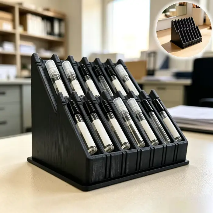 1 pièce – Organisateur d’échantillons de parfum : un présentoir de bureau à compartiments, conçu pour ranger et exposer différents types d’échantillons de parfum.
