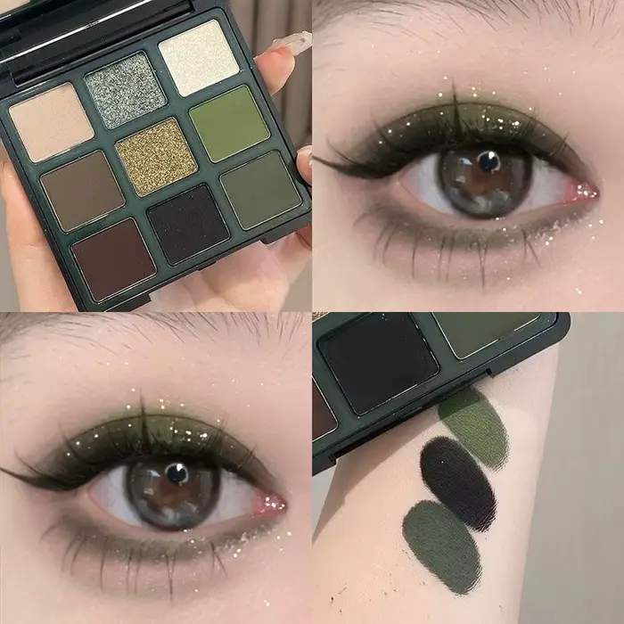 Palette de fards à paupières 9 couleurs, vert Olive, look fumé, nacré, scintillant, mat, poudre, maq