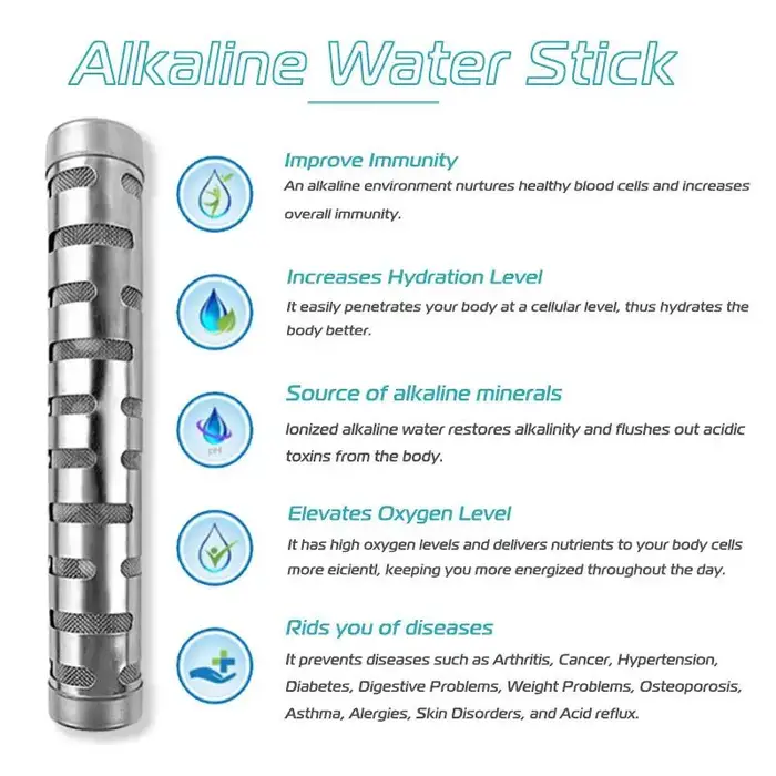 Bâtonnet d'eau alcaline en acier inoxydable, ioniseur alcalinisateur, purificateur d'eau, filtre, augmente le niveau de pH, réduit l'ORP