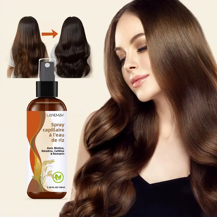 Spray capillaire à l'eau de riz – avec biotine, kératine, caféine et romarin, lisse les cheveux et r
