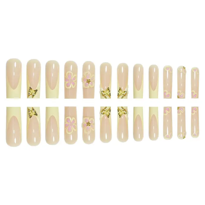 Faux ongles en forme de cercueil, longs et frais, jaune, Style français, fleur imprimée, motifs papi