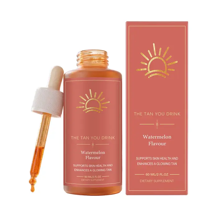 Gouttes autobronzantes buvables saveur pastèque pour booster la mélanine et obtenir un éclat bronzé naturel - Complément de bronzage