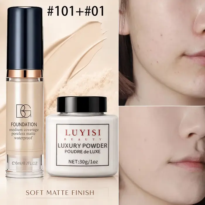 Ensemble de maquillage pour le visage : 1 poudre libre mate + 1 fond de teint waterproof