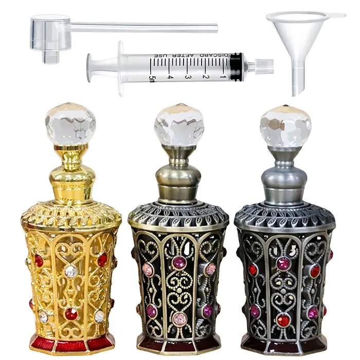 Ensemble de flacons de distribution de style vintage, comprenant un flacon ajouré, 3 extracteurs de liquide, multifonctionnels, adaptés pour la distribution de parfum, de lotion, d'huiles essentielles