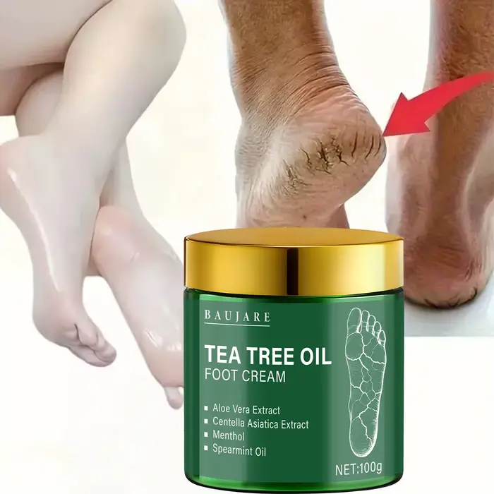 Crème pour les pieds à l'huile d'arbre à thé à l'aloe vera, Centella Asiatica, huile de mentholique et de menthe verte, hydrate et nourrit, adoucit les pieds