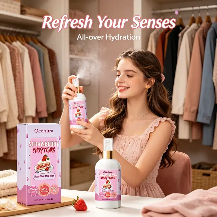 Brume pour le corps OceAura au parfum de gâteau à la fraise, spray hydratant et rafraîchissant pour