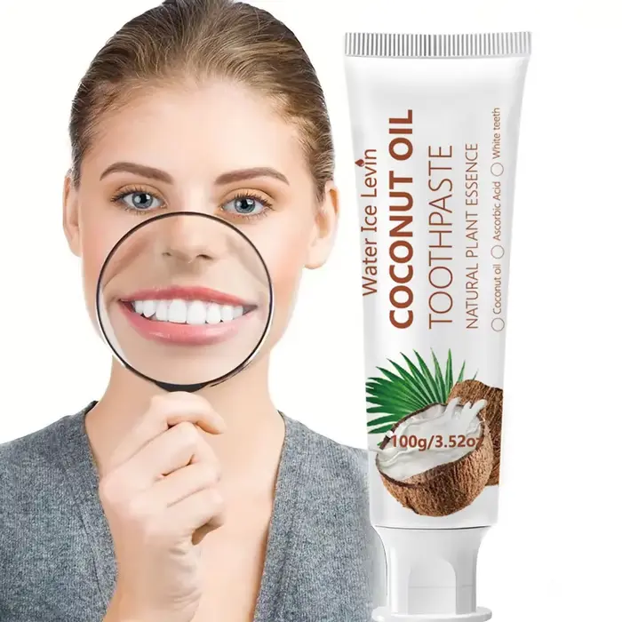 Dentifrice à l'huile de coco 100g, essence végétale naturelle, blanchit les dents, nettoyage en profondeur, haleine fraîche, élimination des taches, soin buccal quotidien doux