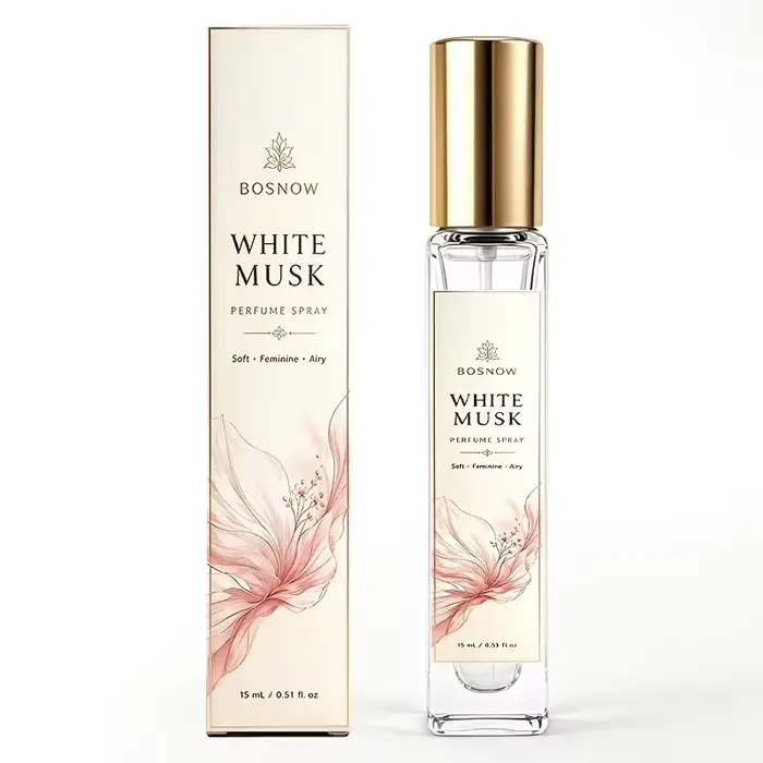 Eau de Toilette Musc Blanc 15ml pour Femme, Flacon Vaporisateur Compact en Verre Haut de Gamme, Parfum Féminin, Frais et Propre, Non Sucré, mais avec un Parfum Léger, Idéal pour un Usage Quotidien, le