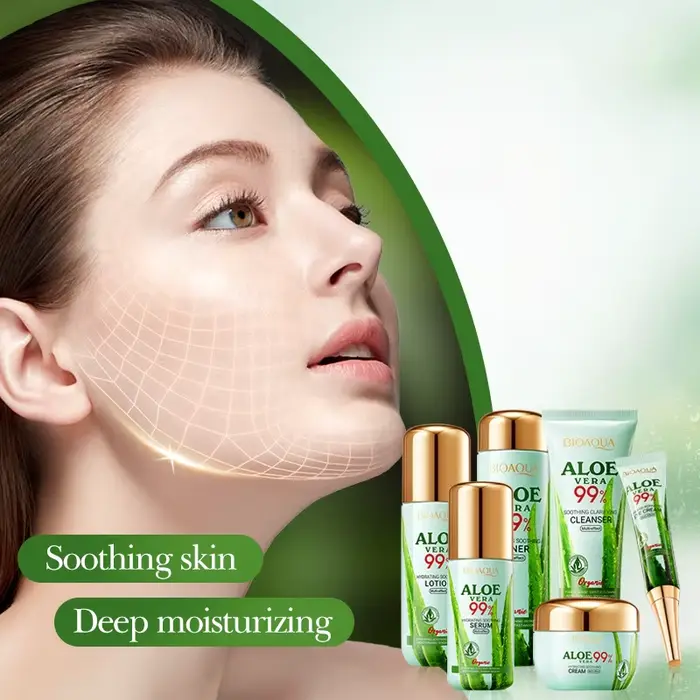 Ensemble de soins de la peau à l'aloe vera hydratant et embellissant en six pièces, comprenant un nettoyant visage, un tonique, une lotion, une essence, une crème pour le visage, une crème pour les ye