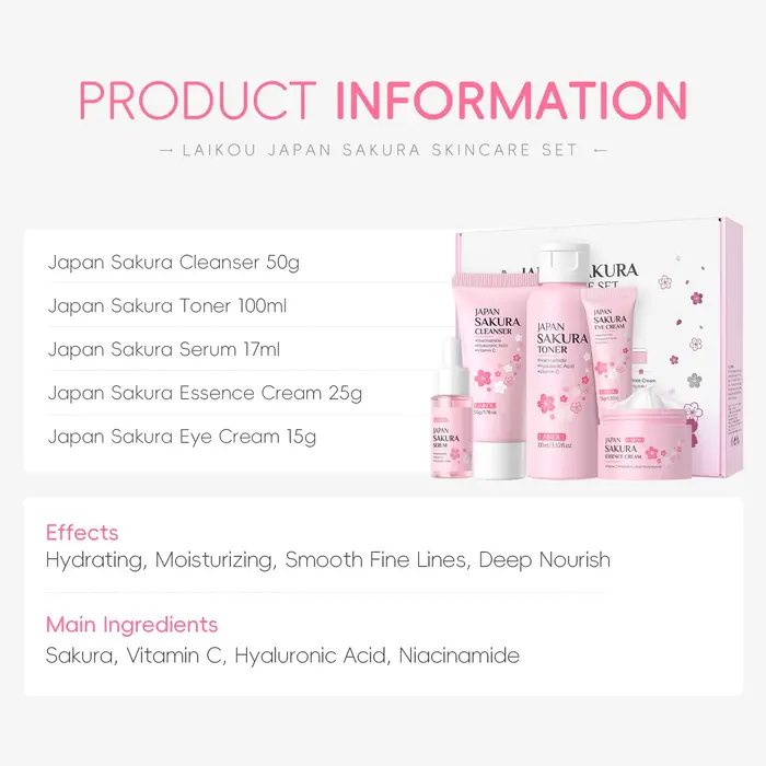 Coffret beauté LAIKOU Sakura 5 pièces : nettoyant, tonique, sérum, crème contour des yeux, crème hyd