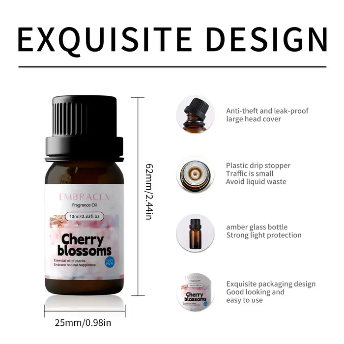 Huiles parfumées aux fleurs de cerisier 10 ml, parfum floral longue durée pour diffuseurs/humidificateurs, cadeaux de fêtes