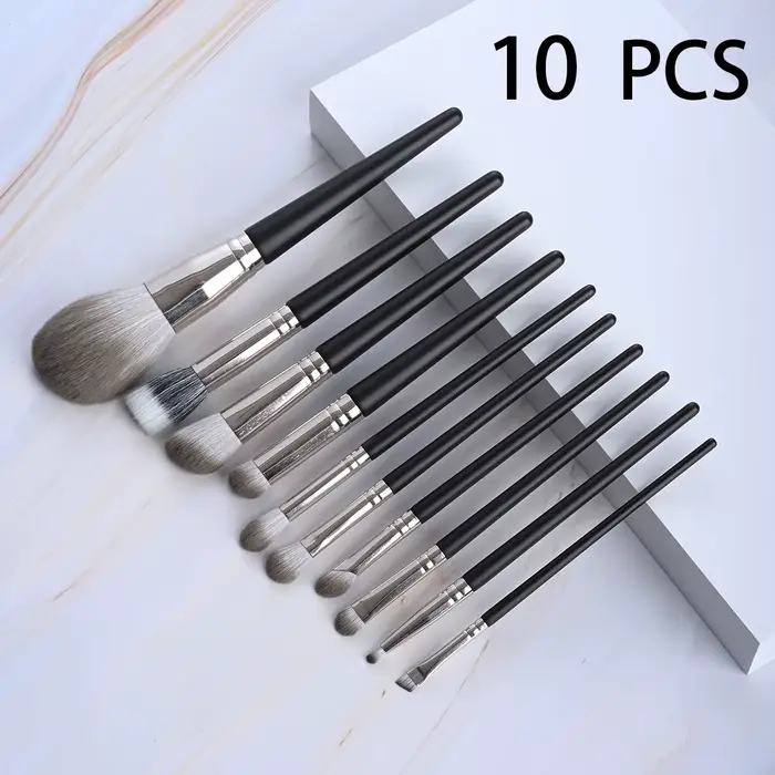 10 pinceaux de maquillage de luxe - Manche en bois massif, poils en nylon doux, idéaux pour le fond 