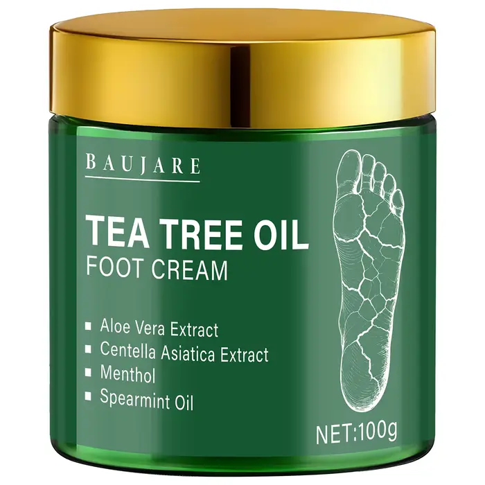 Crème pour les pieds à l'huile d'arbre à thé à l'aloe vera et au menthol - Hydrate et adoucit la peau avec l'acide hyaluronique et le rétinol