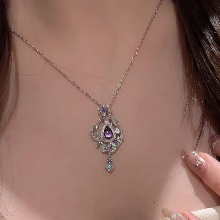 Élégant argent 925 bouteille de parfum brossé pendentif collier exquis et unique incrusté diamant cl