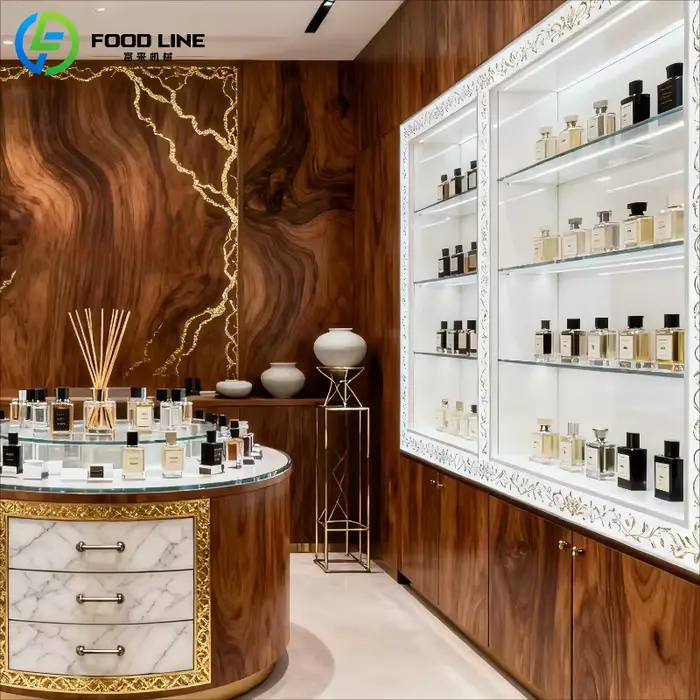 Vitrine de présentation de parfums moderne et luxueuse avec éclairage LED personnalisé, vitrine de magasin de détail
