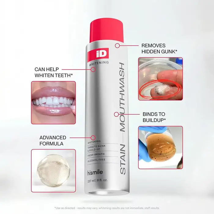 Hismile ID Bain de bouche blanchissant Formule PAP+ Sans peroxyde Élimine les taches jaunes Haleine fraîche Soin buccal Usage quotidien