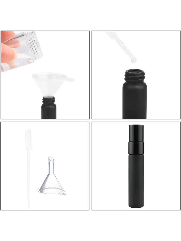 32/56 pièces, flacon de parfum noir givré de 10/5 ml avec 6 outils, flacon pulvérisateur rechargeable portable, format voyage, flacon d'échantillon en verre,