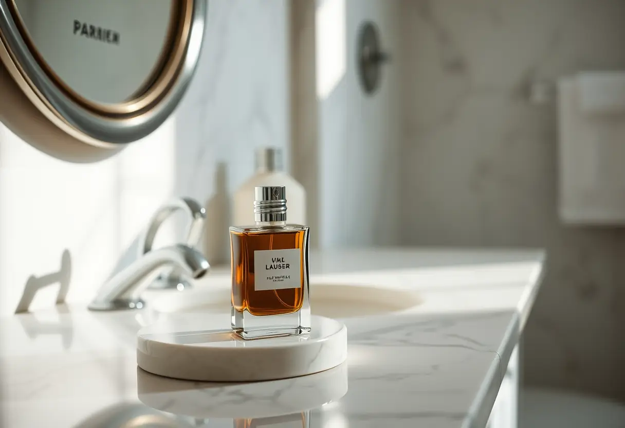 Une petite bouteille de parfum sombre sur un meuble en marbre, reflétant la lumière