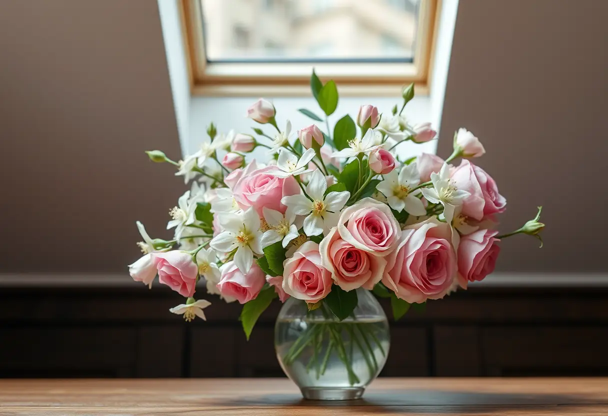 Un vase rempli de jasmin et de roses de Damas sous une lumière naturelle