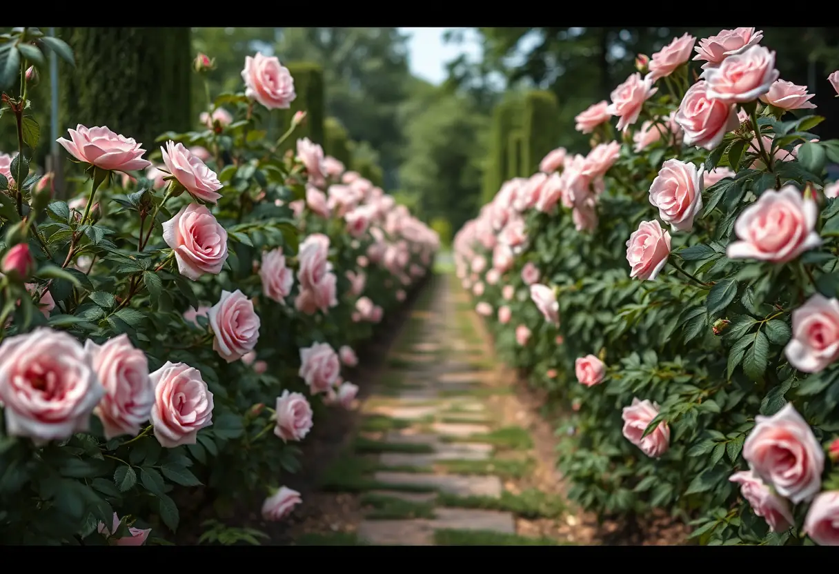 Un sentier de jardin bordé de roses blanches en fleurs, sous la lumière du jour