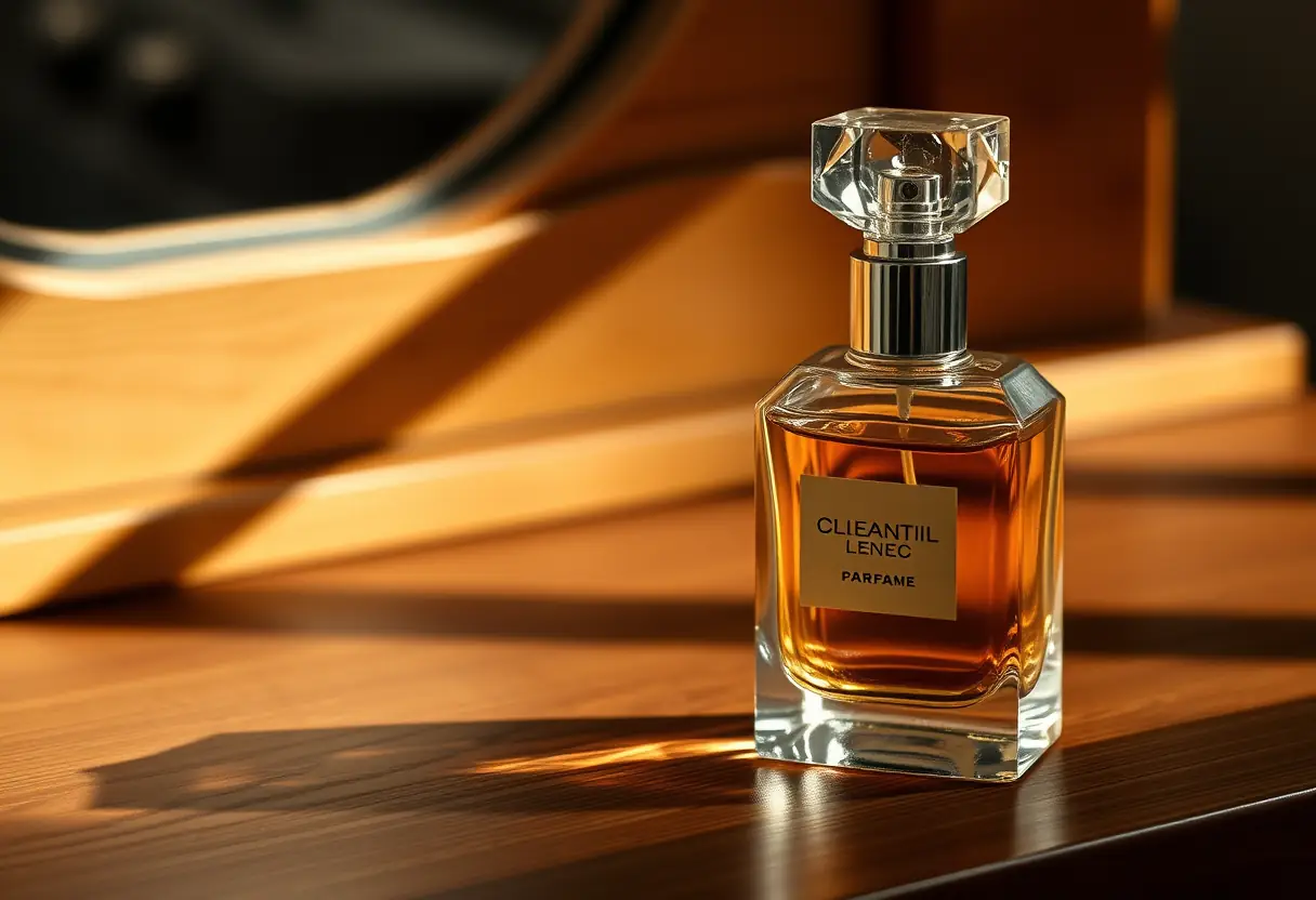 Un flacon de parfum posé sur une coiffeuse en bois