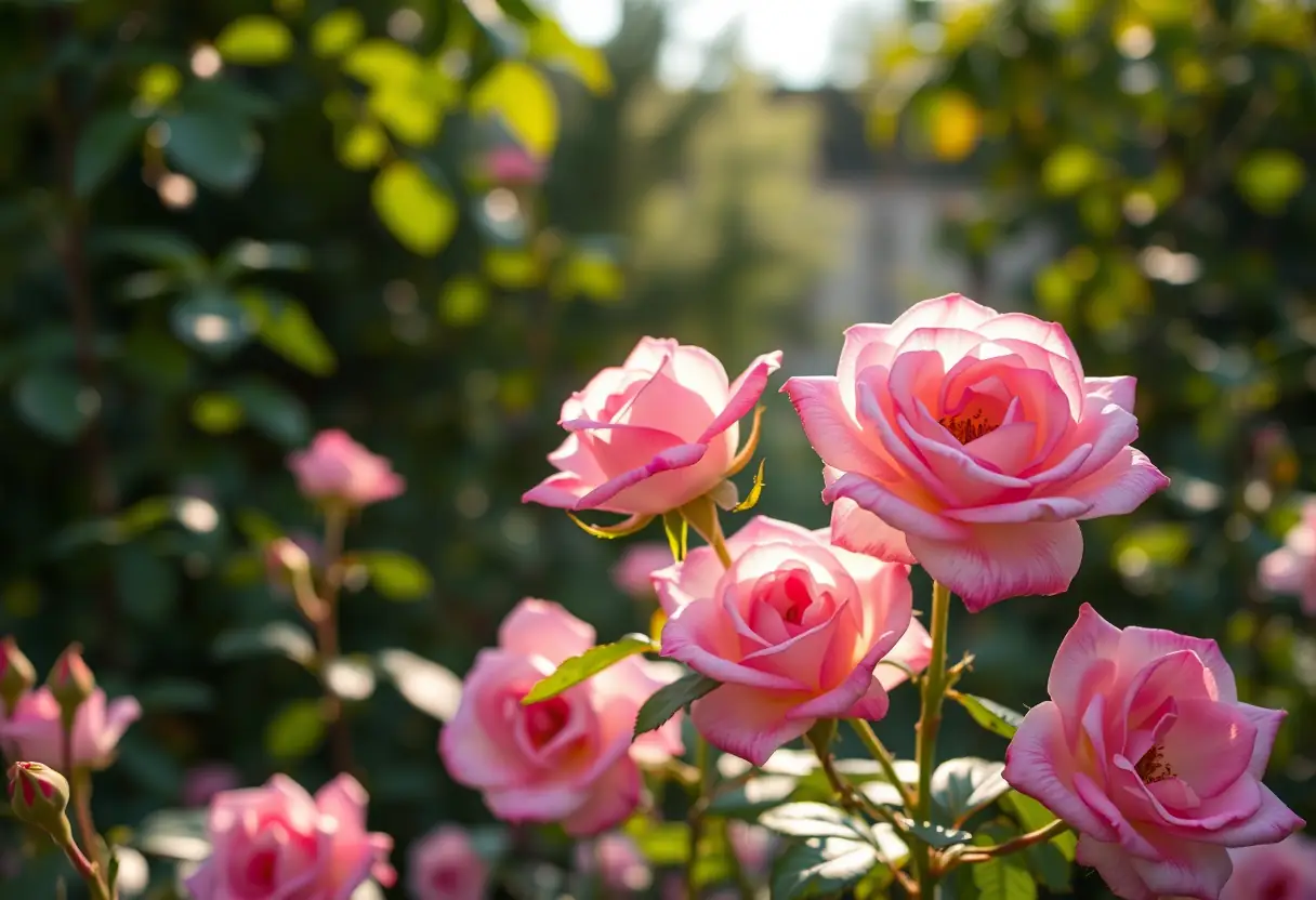 Roses de Grasse en fleurs dans un jardin au lever du jour