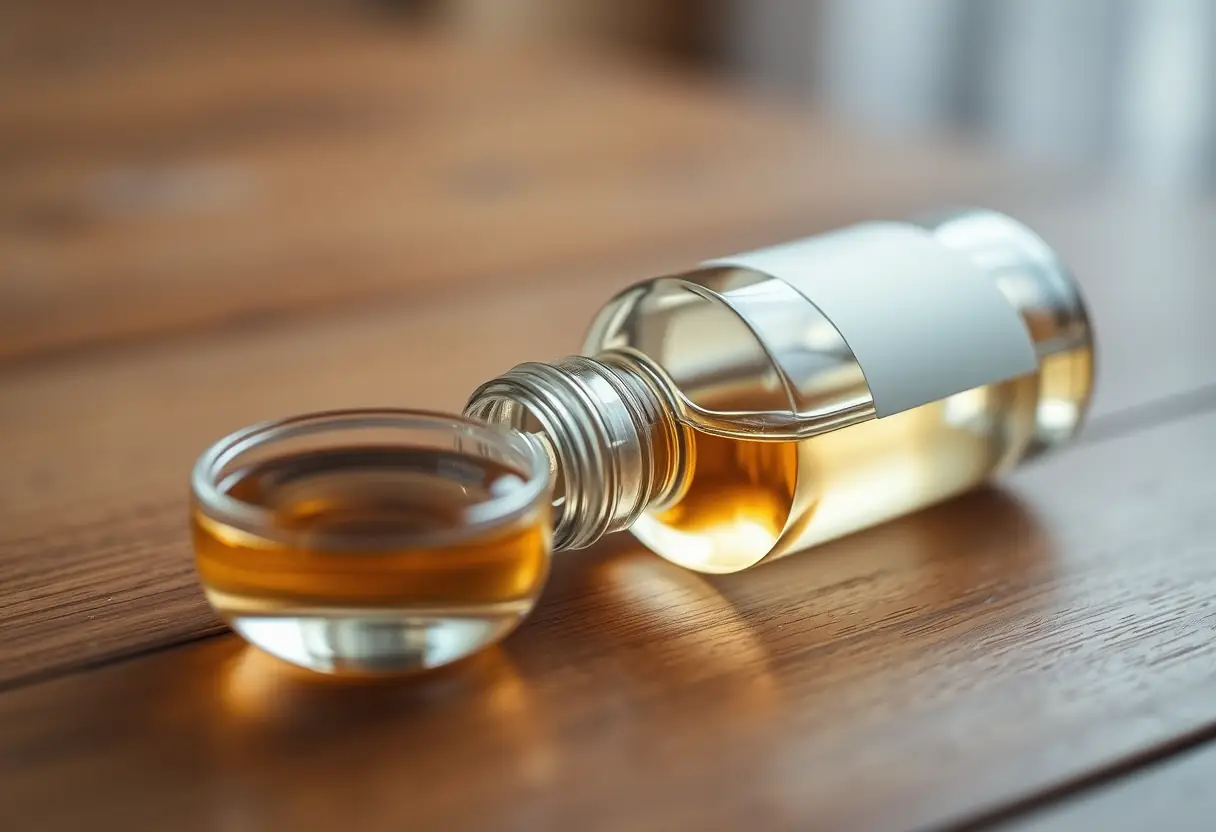 Vue rapprochée d'une bouteille de parfum sur un meuble en bois, le bouchon légèrement dévissé révèle une fine colonne de parfum