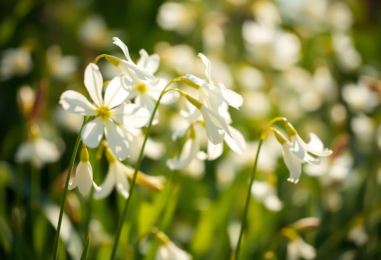 Vue rapprochée de fleurs blanches délicates dans un jardin, leurs pétales brillent sous le soleil, évoquant pureté et élégance