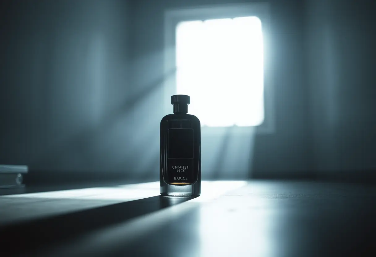 Une bouteille noire en verre se dresse dans une pièce sombre, évoquant les notes de fond du parfum Black Opium.