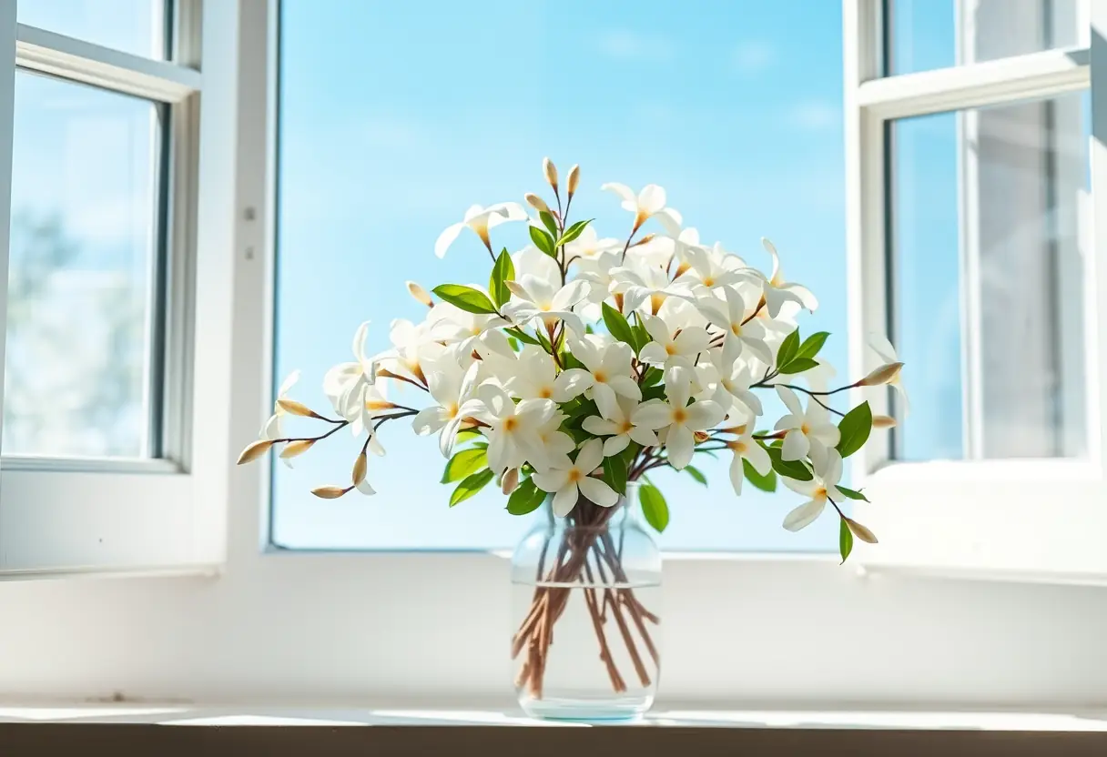 Un vase rempli de fleurs de jasmin sambac sur un rebord de fenêtre