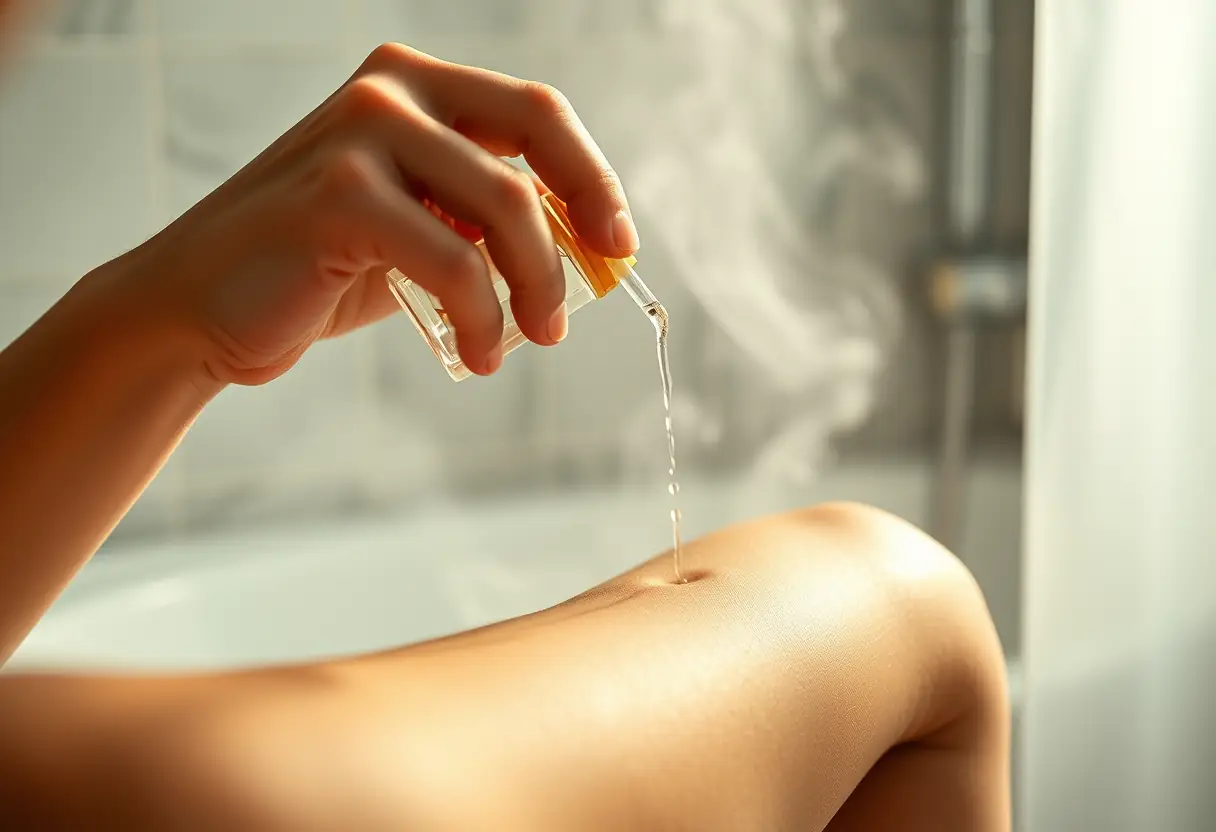 Une main verse du parfum sur la peau dans une salle de bain, vapeur chaude et ambiance aromatique