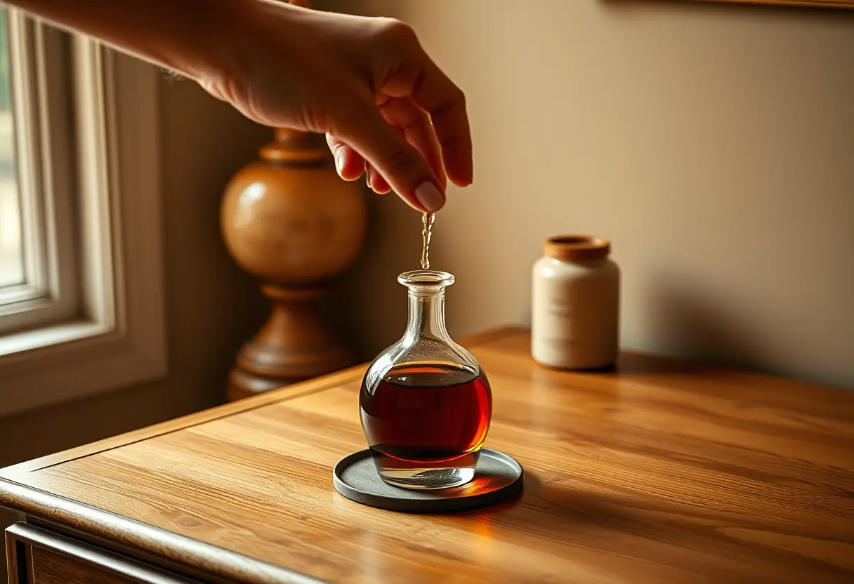 Une main verse un parfum dans un décanter sur une commode en bois, la pièce embaume de parfum