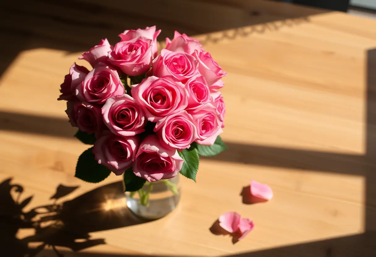 Un vase rempli de roses fraîches sur une table en bois