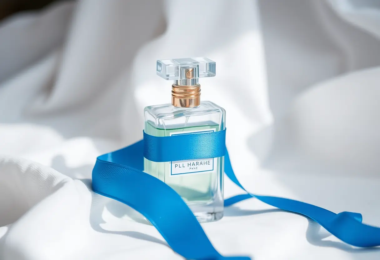 Ruban bleu entourant un flacon de parfum sur un tissu blanc
