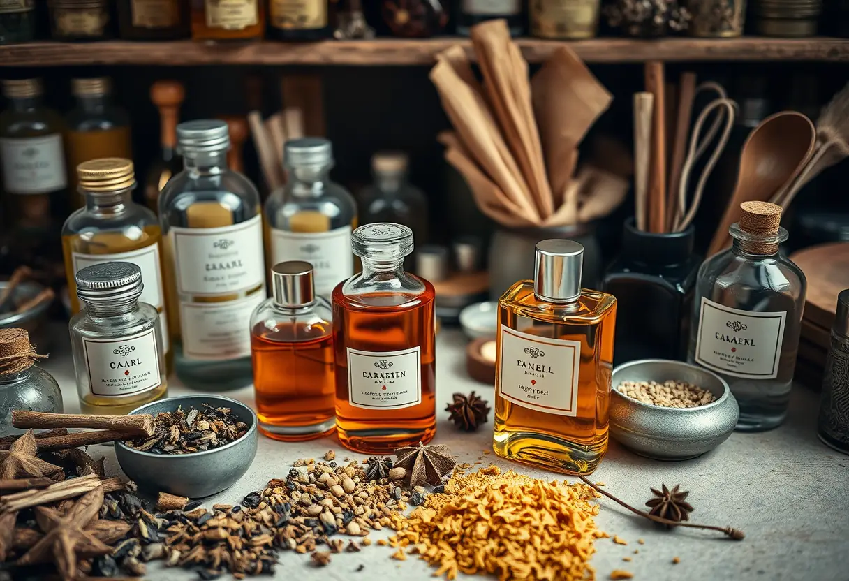 Étagère remplie d'épices et d'huiles pour parfum, sous éclairage doux