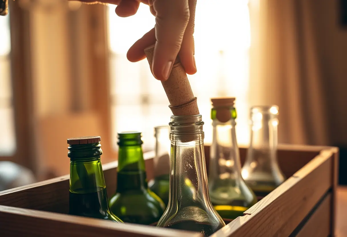 Un bouchon de liège retiré d'une boîte en bois contenant des bouteilles de parfum, coffrets parfums féminins