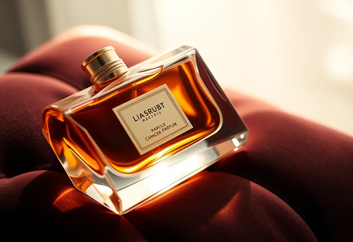 Bouteille de parfum posée sur un coussin velours, lumière naturelle