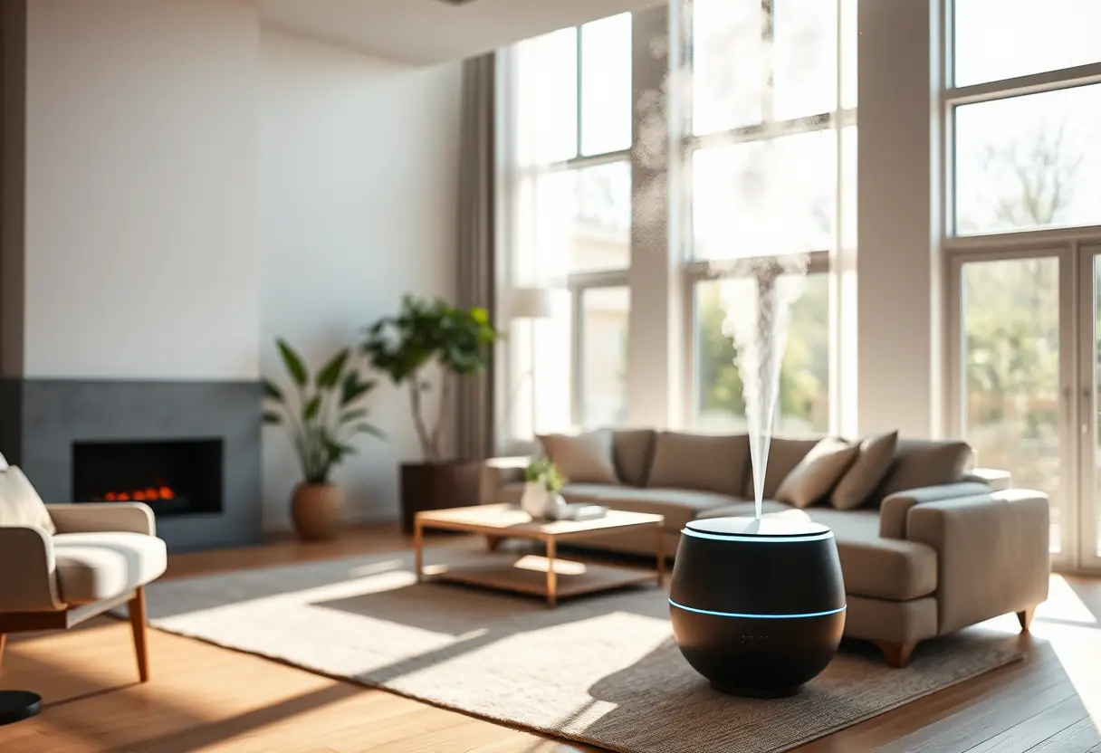 Brume fine d'un diffuseur ultrasonique dans un salon moderne, lumière naturelle