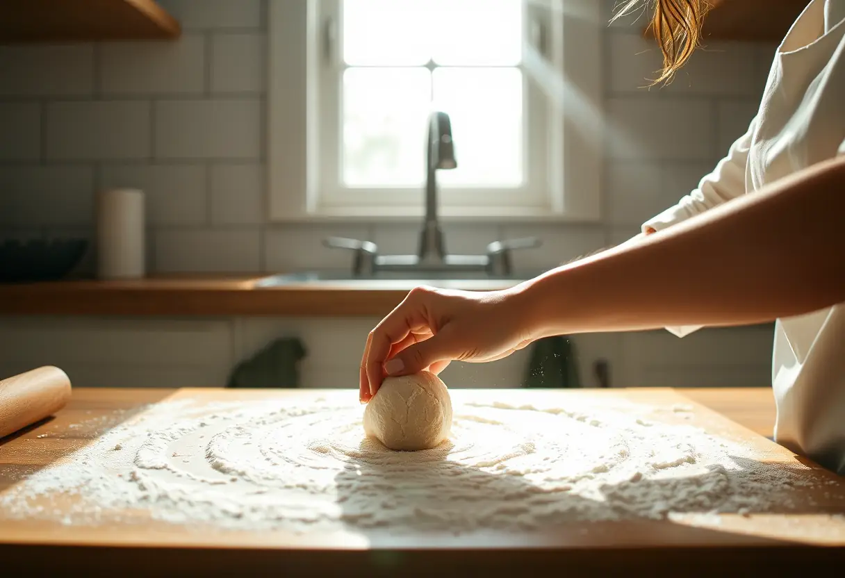 Une main féminine façonnant de la pâte sur un plan de travail de cuisine, lumière naturelle