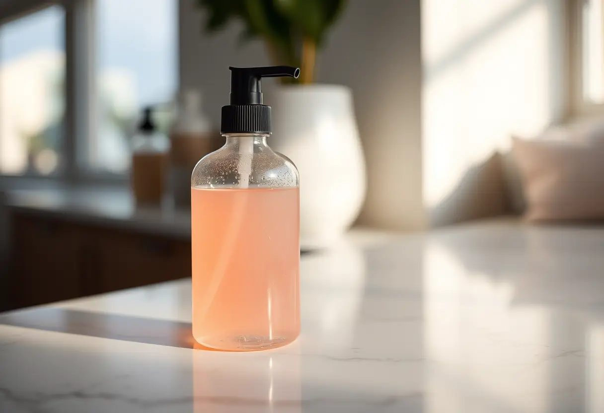 Un flacon de spray rempli d'un liquide rose pâle repose sur un meuble en marbre éclairé doucement.