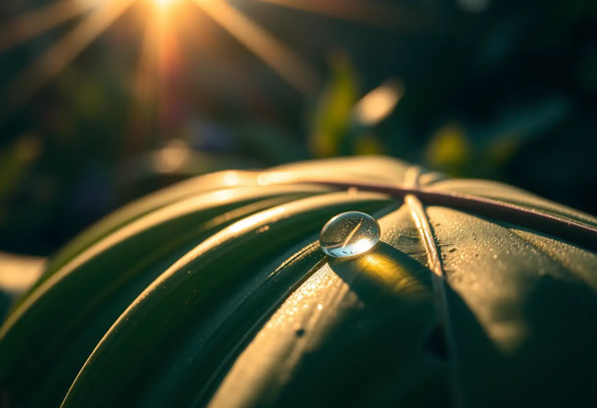 Vue rapprochée d'une goutte reposant sur une feuille au jardin sous la lumière du soleil
