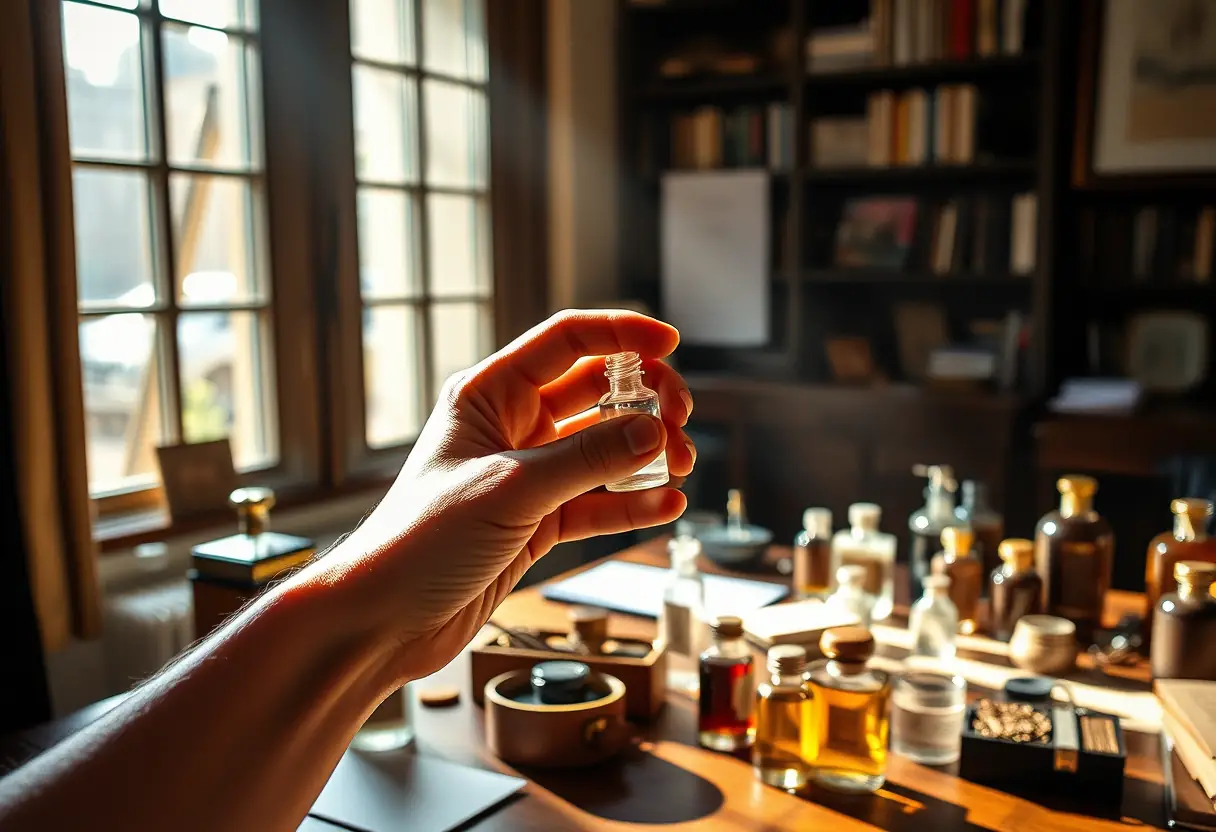 Une main tenant un flacon de parfum dans un bureau, la lumière chaude révèle les ingrédients